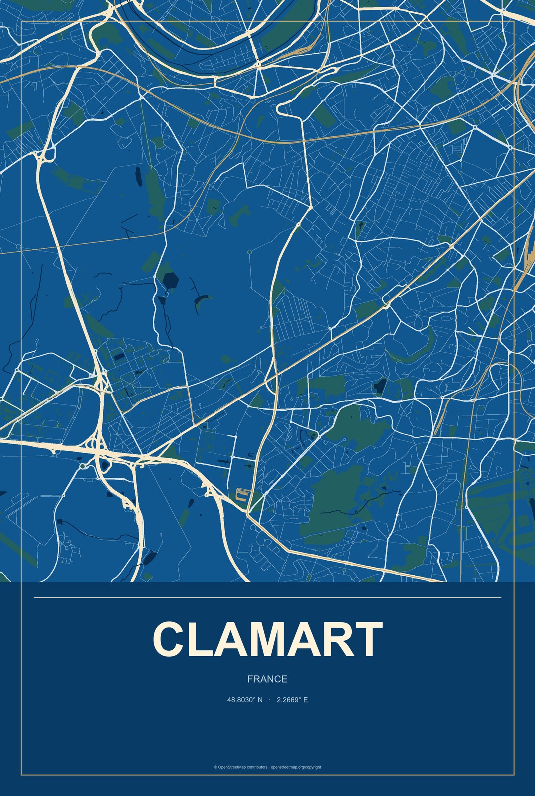 Clamart, France City Map Aluminum Sign in Harbor Cobalt style