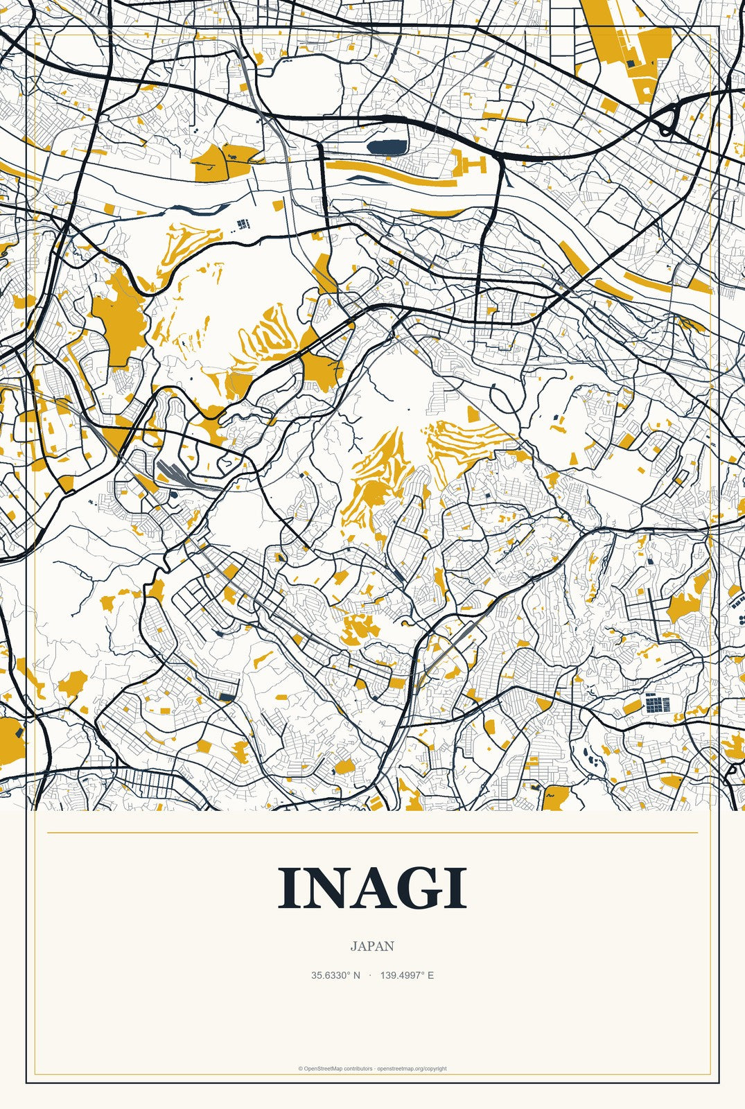 Inagi, Japan City Map Aluminum Sign in Citrine Modern style