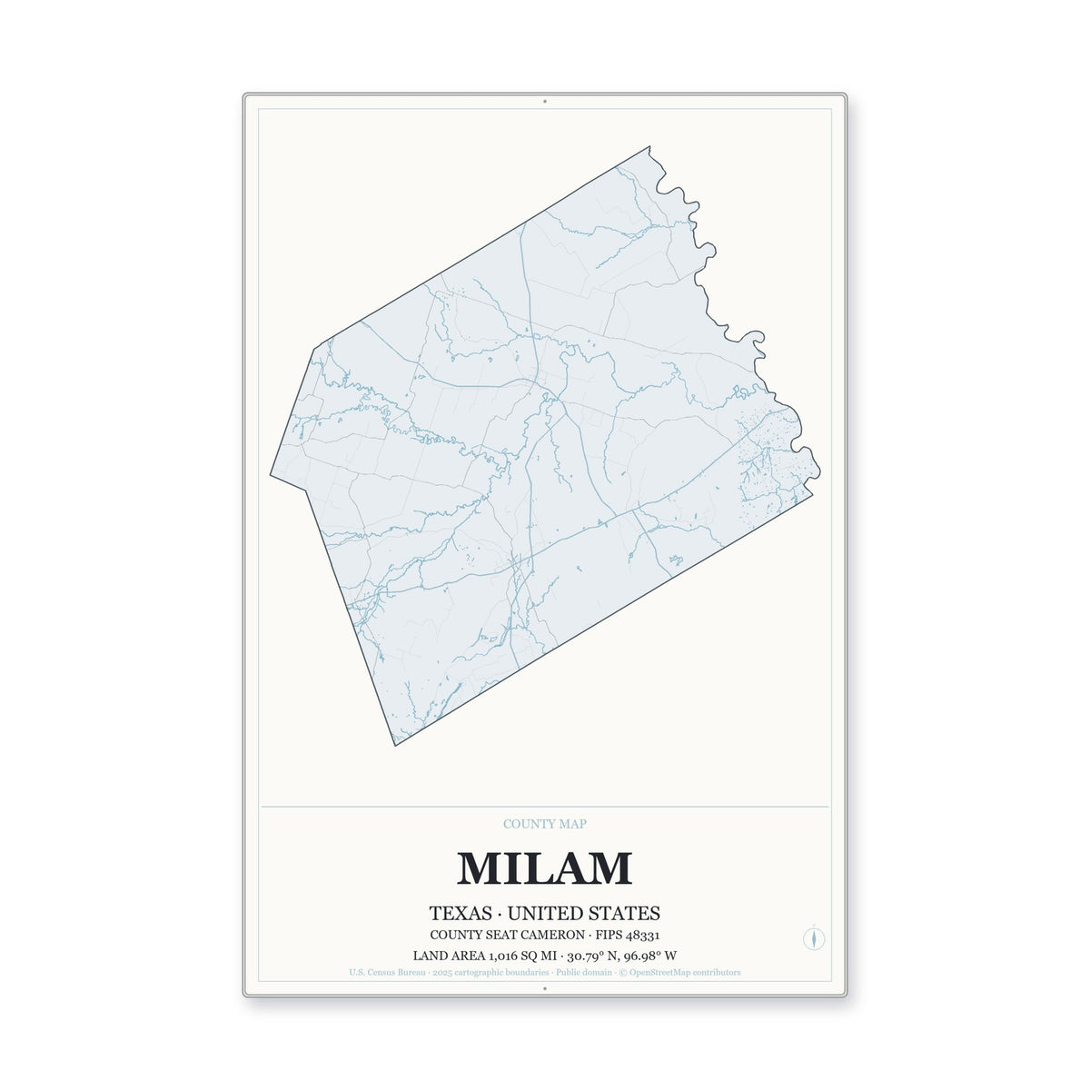 Milam County, Texas Map Aluminum Sign in Gallery Air style