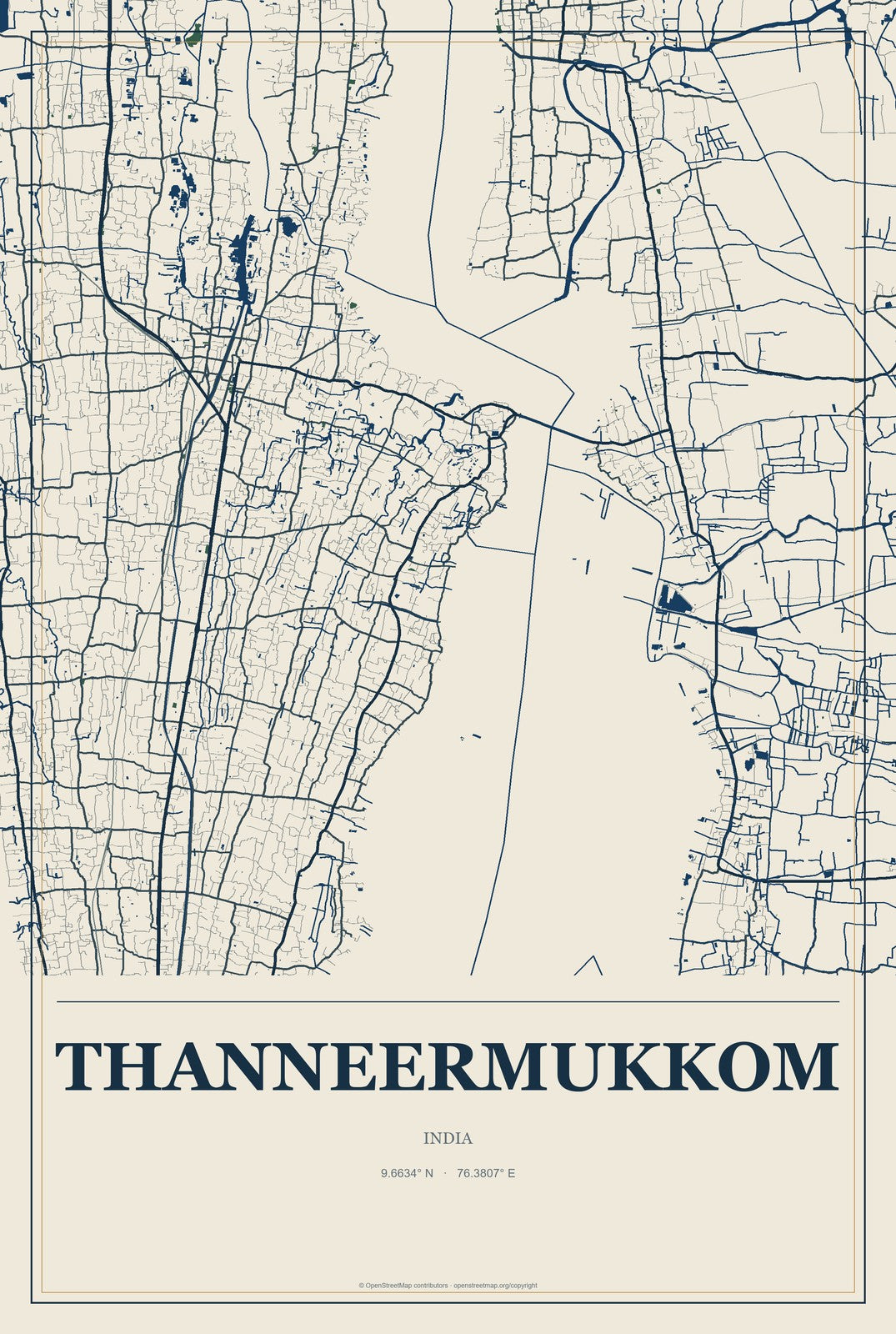 Thanneermukkom, India City Map Aluminum Sign in Coastal Cutout style