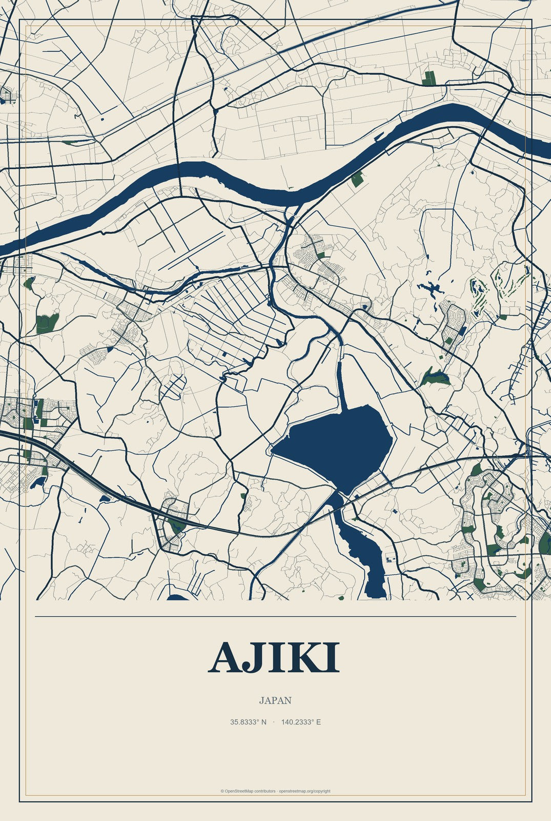 Ajiki, Japan City Map Aluminum Sign in Coastal Cutout style