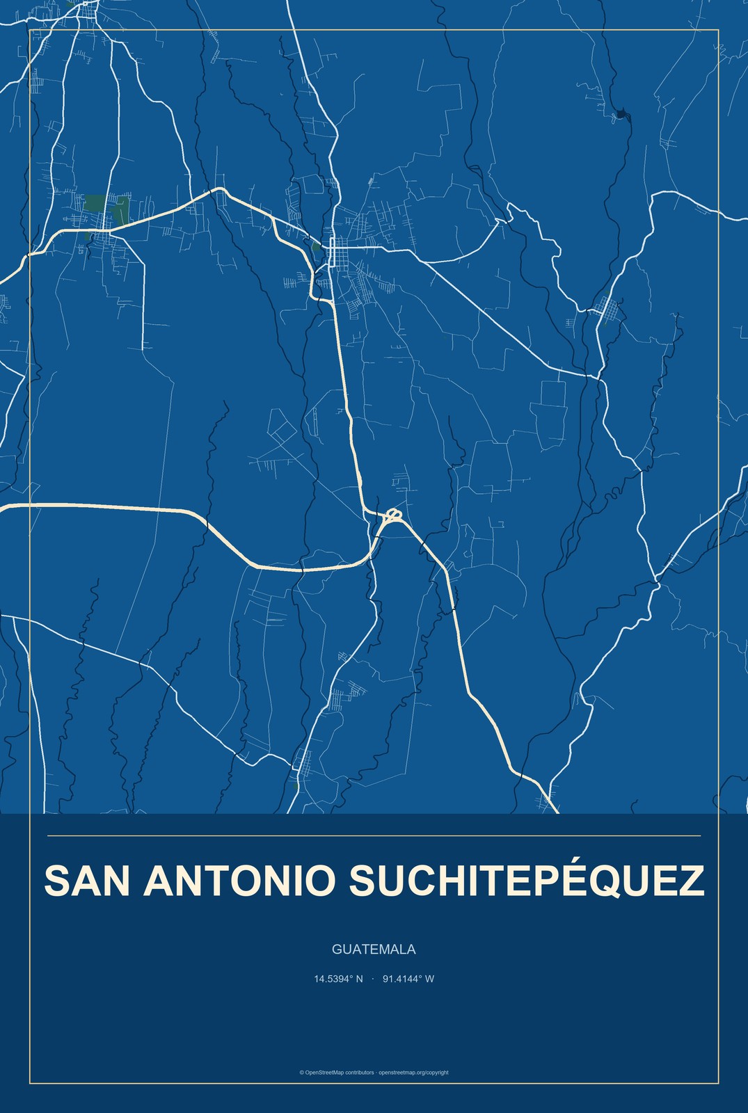 San Antonio Suchitepéquez, Guatemala City Map Aluminum Sign in Harbor Cobalt style