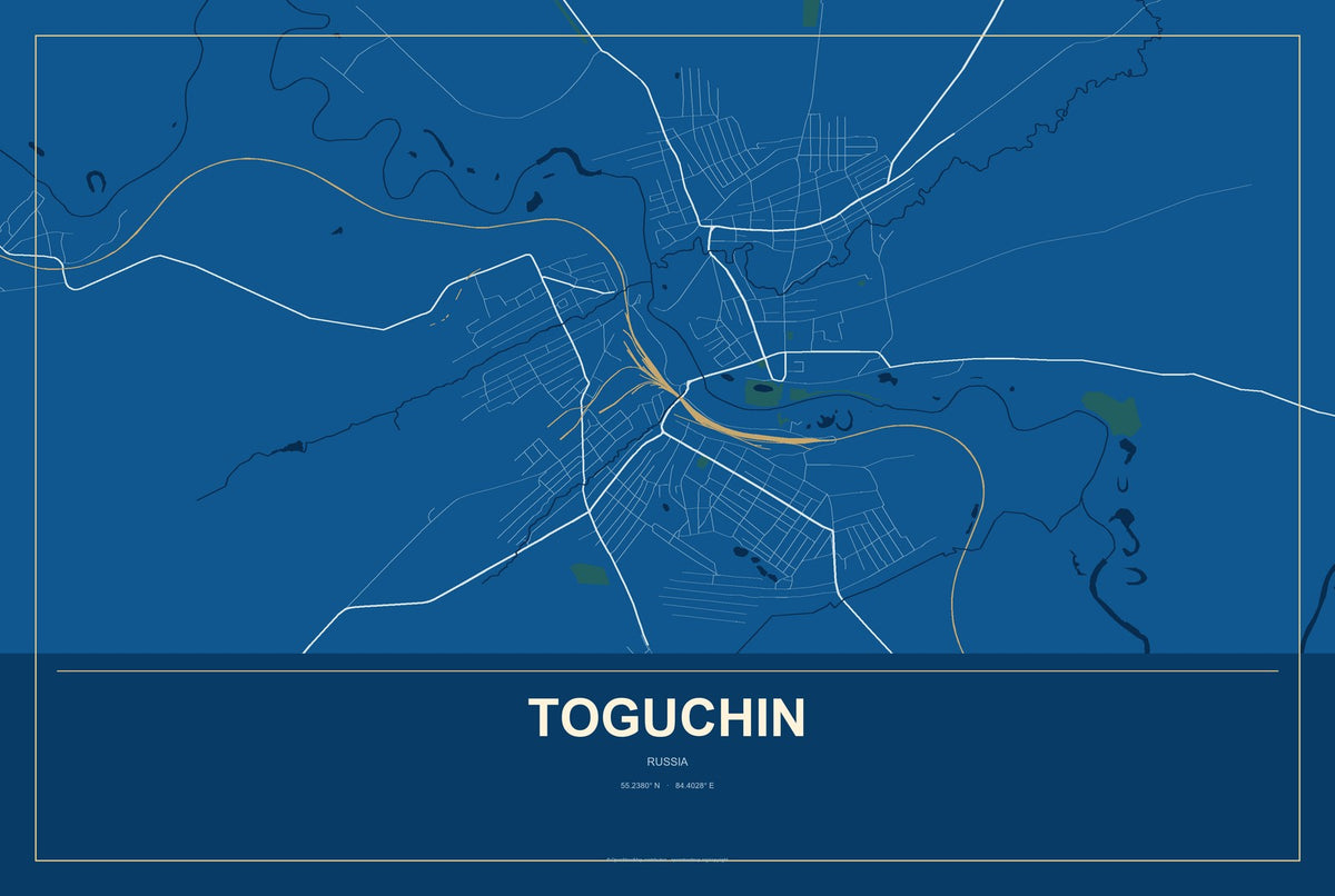 Toguchin, Russia City Map Aluminum Sign in Harbor Cobalt style