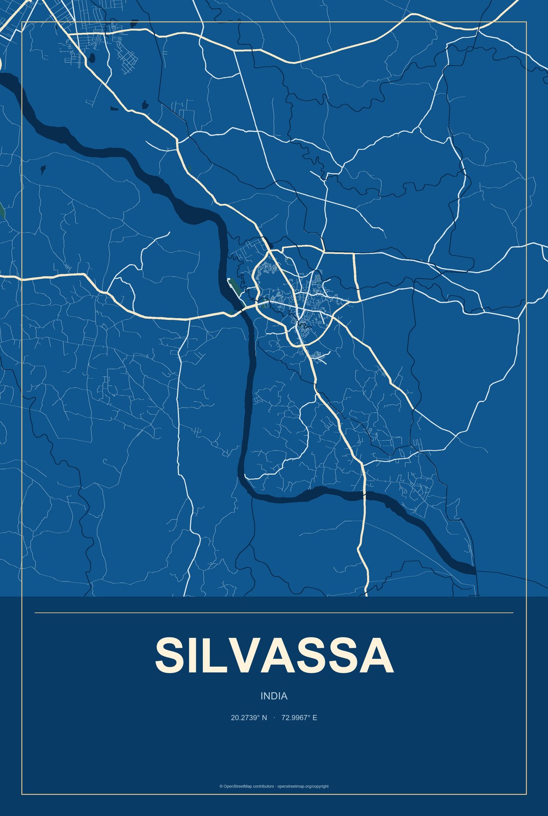 Silvassa, India City Map Aluminum Sign in Harbor Cobalt style