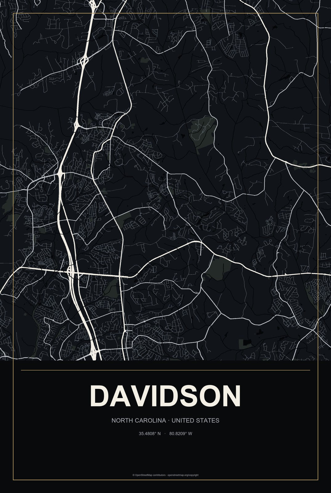 Davidson, North Carolina City Map Aluminum Sign in Metropolitan Noir style
