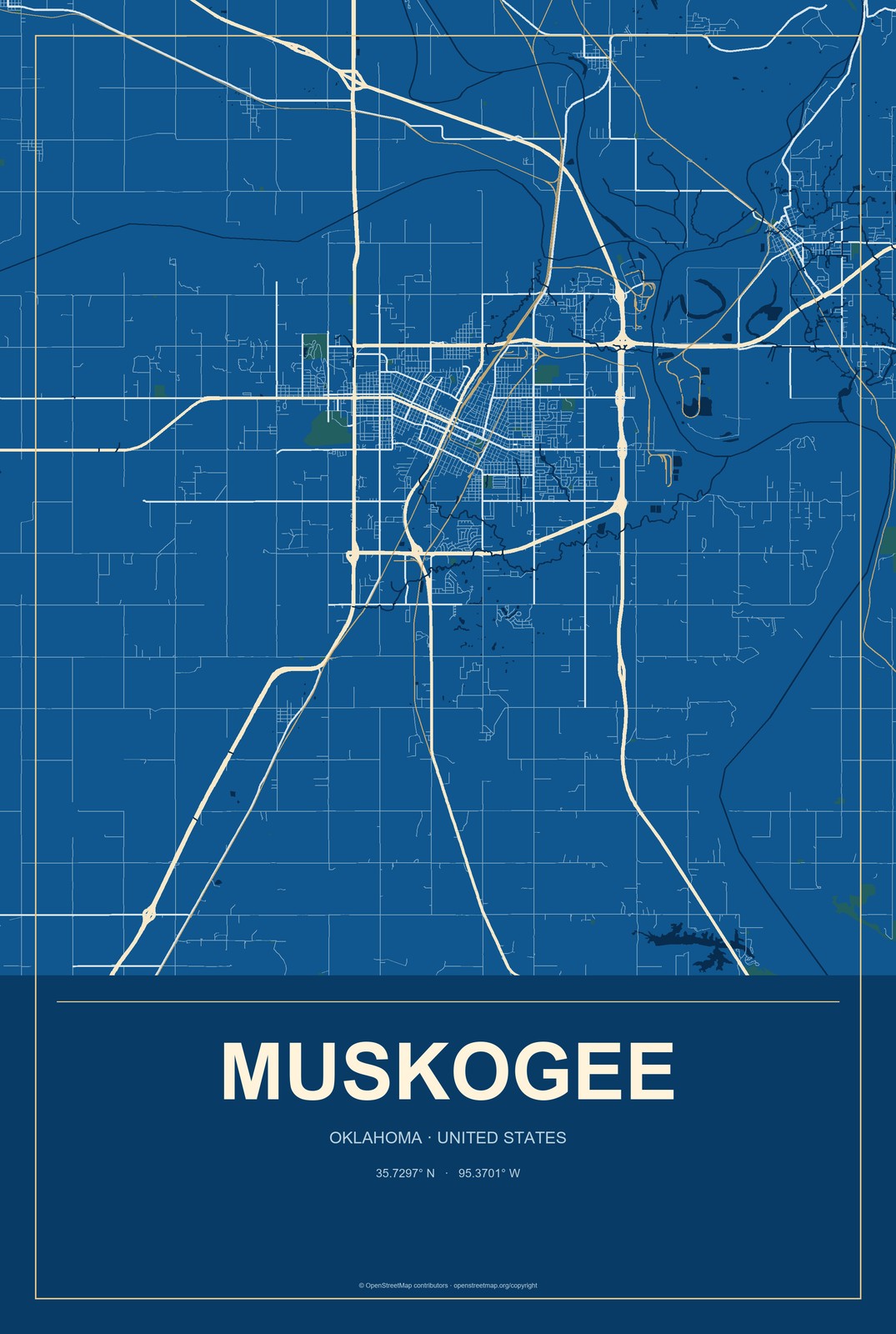 Muskogee, Oklahoma City Map Aluminum Sign in Harbor Cobalt style