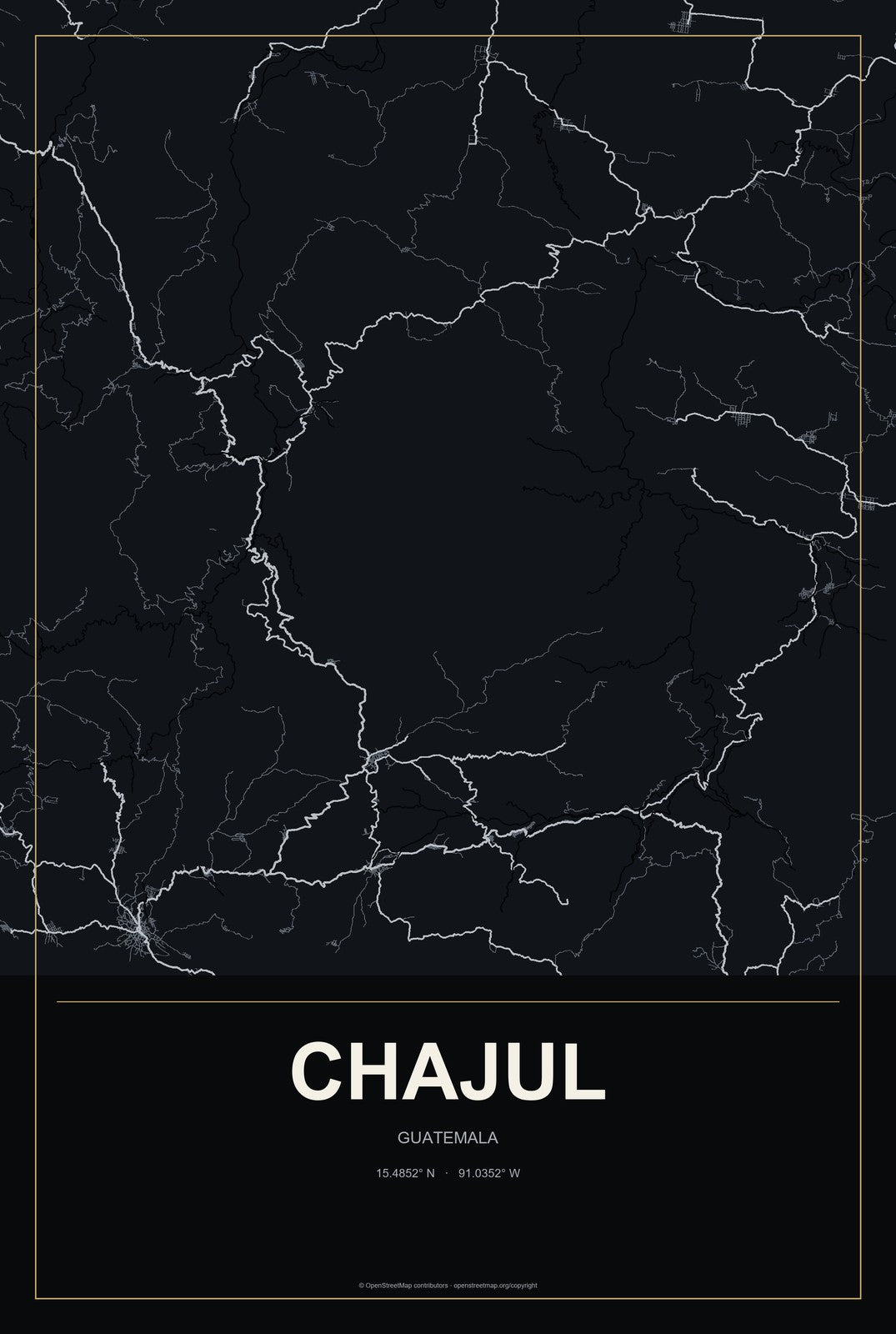 Chajul, Guatemala City Map Aluminum Sign in Metropolitan Noir style