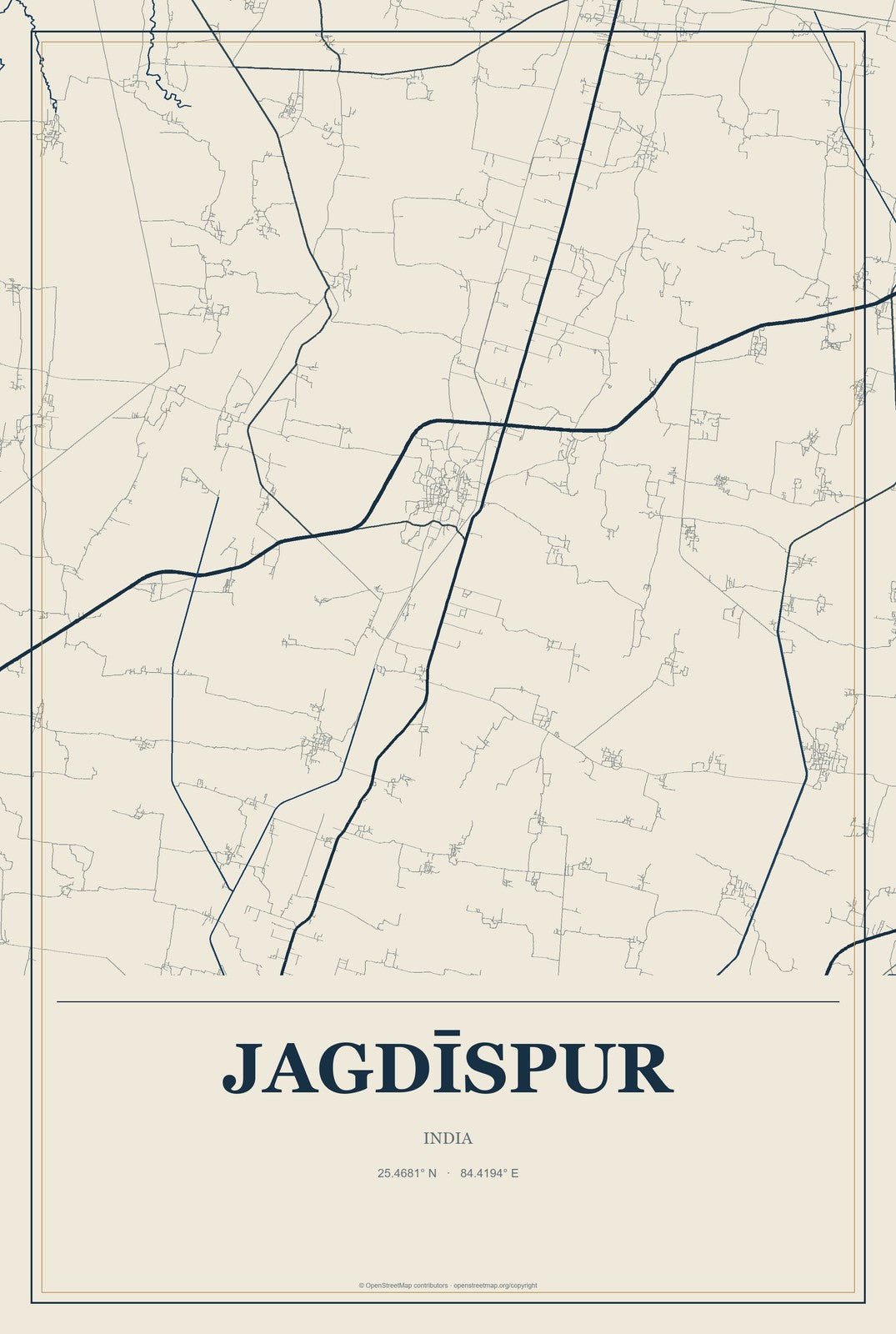 Jagdīspur, India City Map Aluminum Sign in Coastal Cutout style
