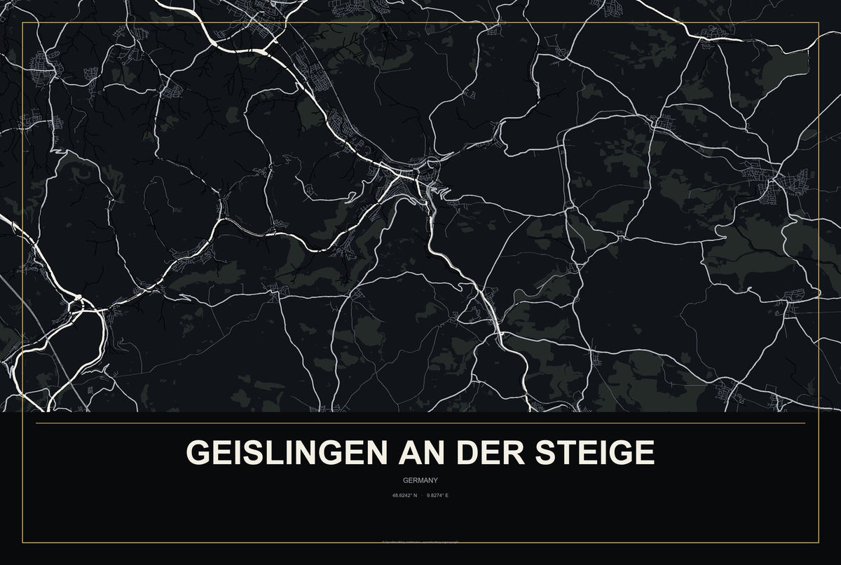 Geislingen an der Steige, Germany City Map Aluminum Sign in Metropolitan Noir style
