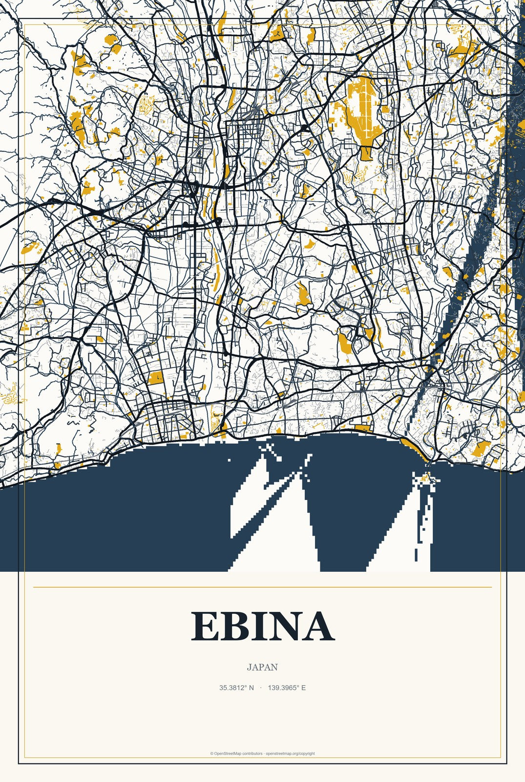 Ebina, Japan City Map Aluminum Sign in Citrine Modern style