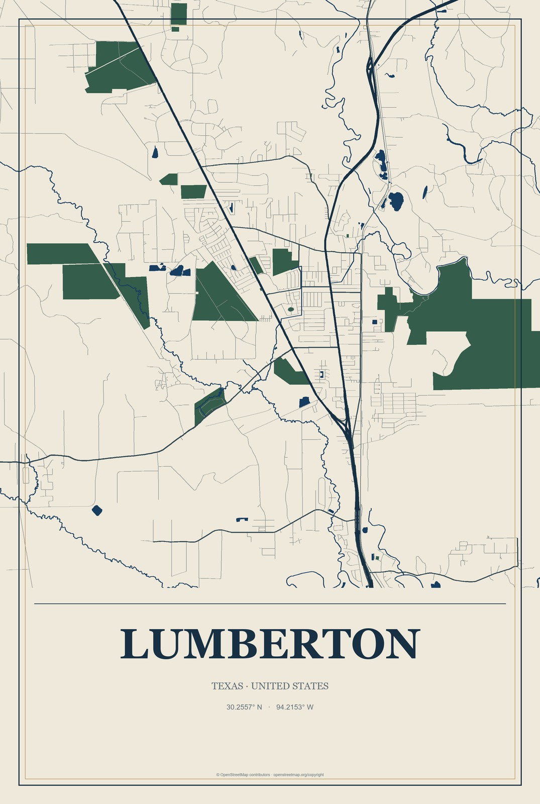 Lumberton, Texas City Map Aluminum Sign in Coastal Cutout style