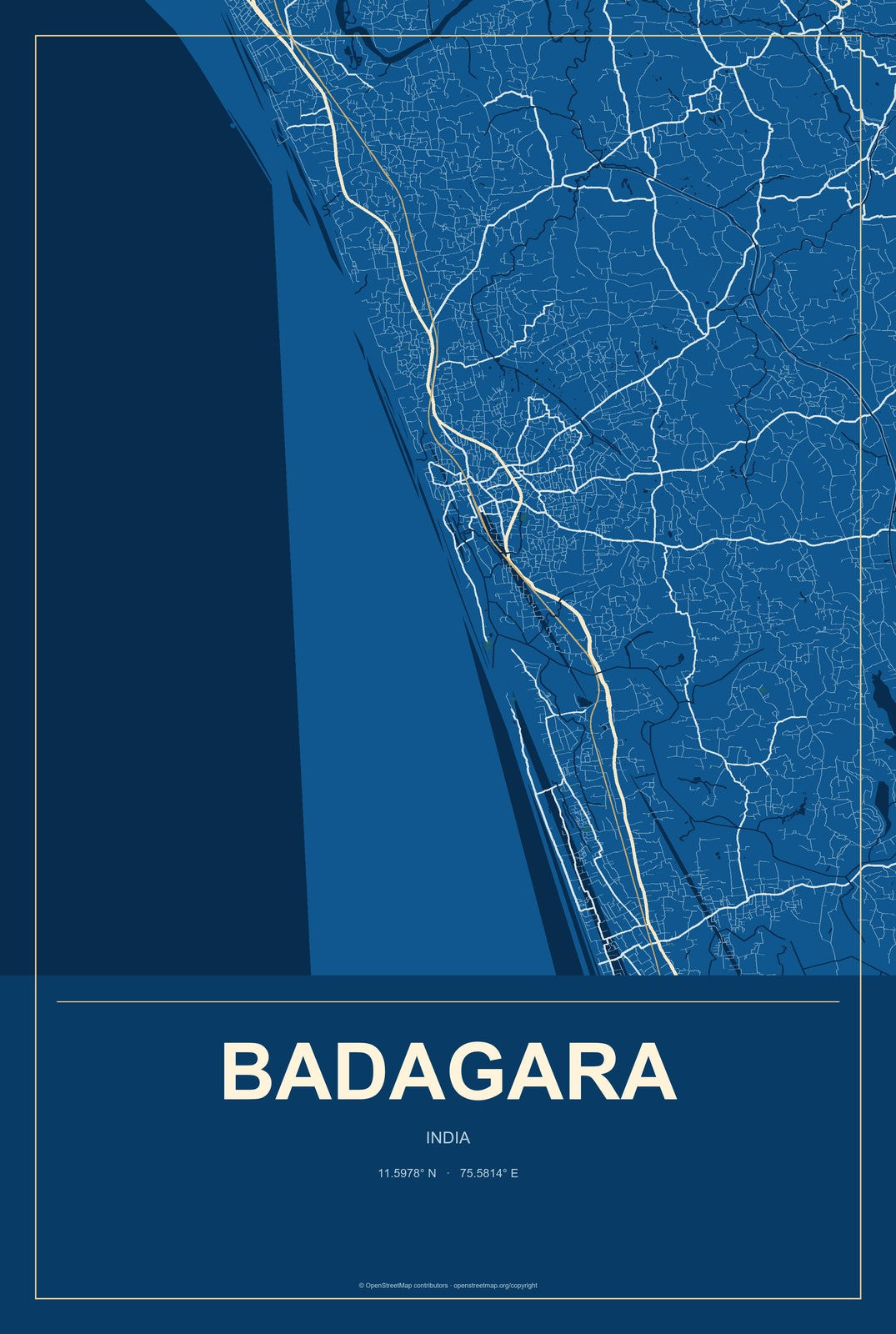 Badagara, India City Map Aluminum Sign in Harbor Cobalt style