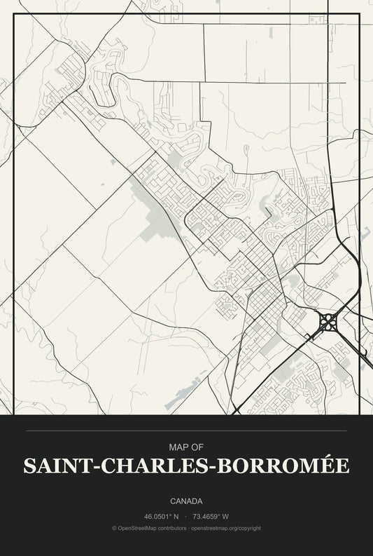Saint-Charles-Borromée, Canada City Map Aluminum Sign in Museum Plaque style