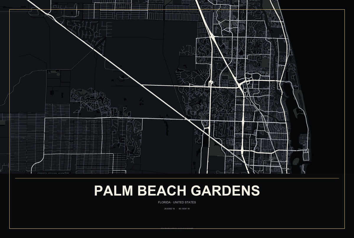 Palm Beach Gardens, Florida City Map Aluminum Sign in Metropolitan Noir style