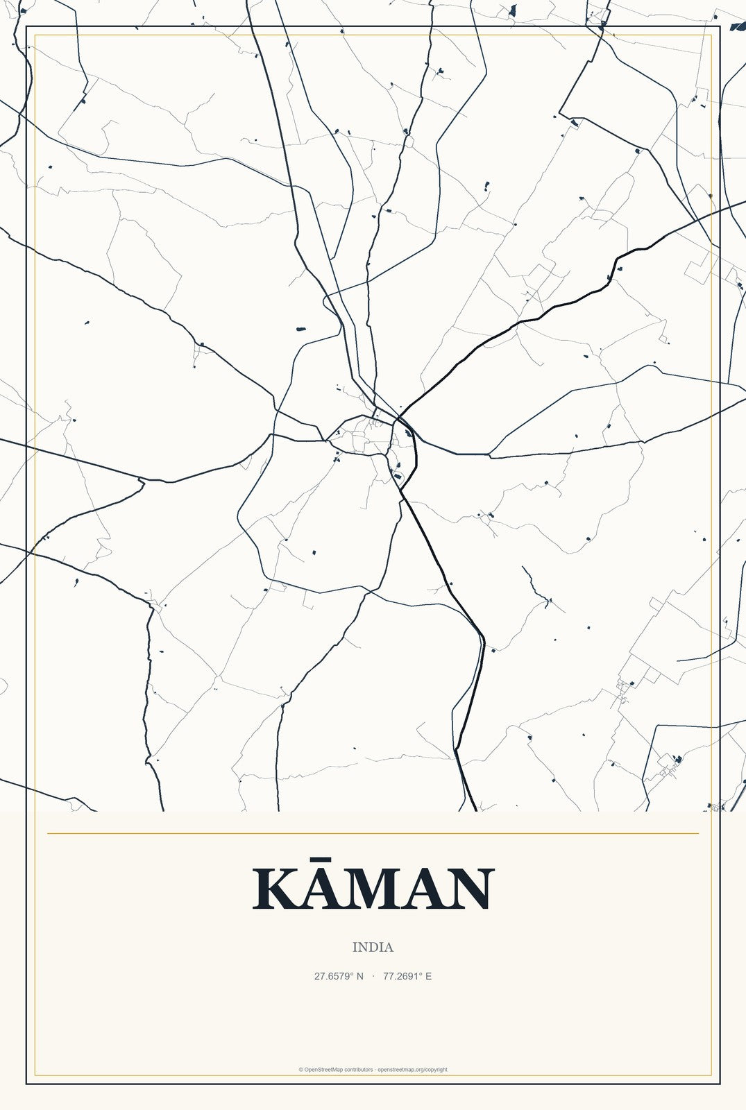 Kāman, India City Map Aluminum Sign in Citrine Modern style