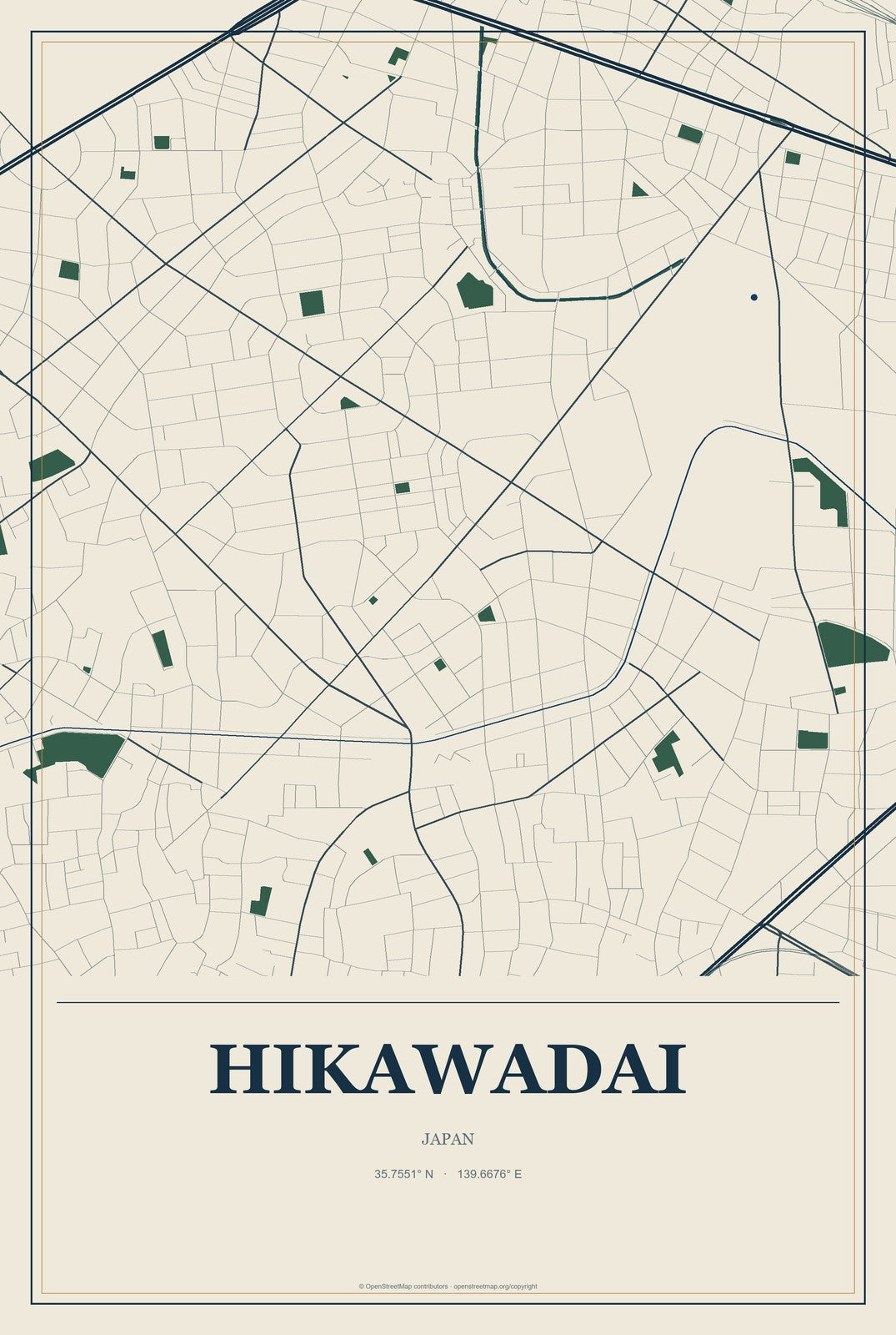Hikawadai, Japan City Map Aluminum Sign in Coastal Cutout style