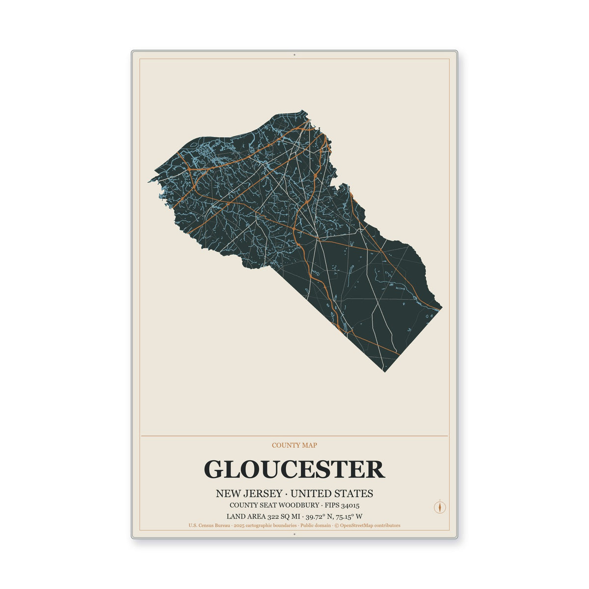Gloucester County, New Jersey Map Aluminum Sign in Headline Atlas style