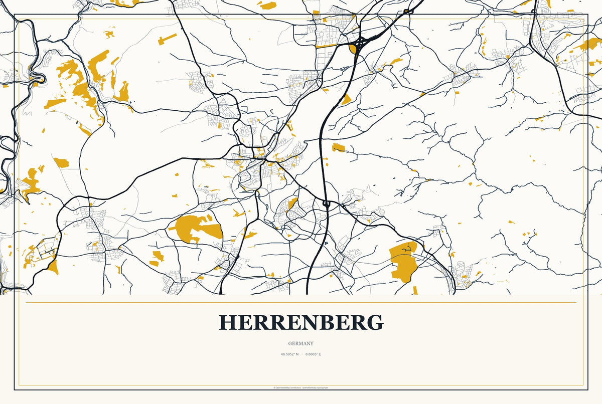 Herrenberg, Germany City Map Aluminum Sign in Citrine Modern style