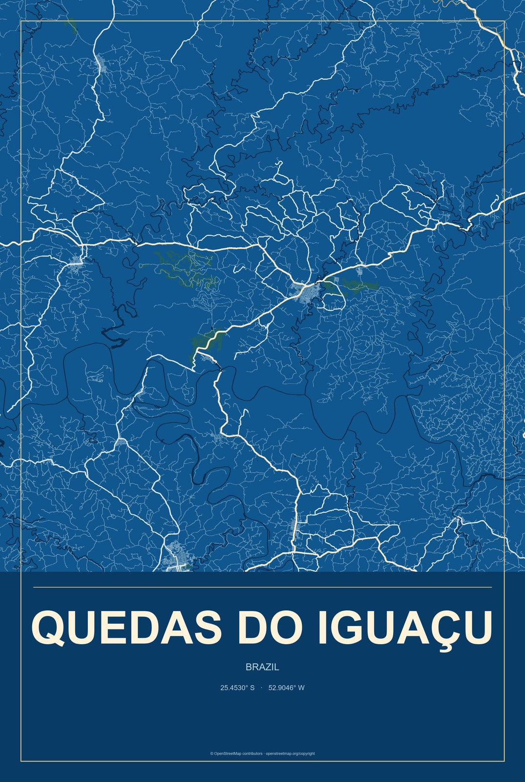 Quedas do Iguaçu, Brazil City Map Aluminum Sign in Harbor Cobalt style