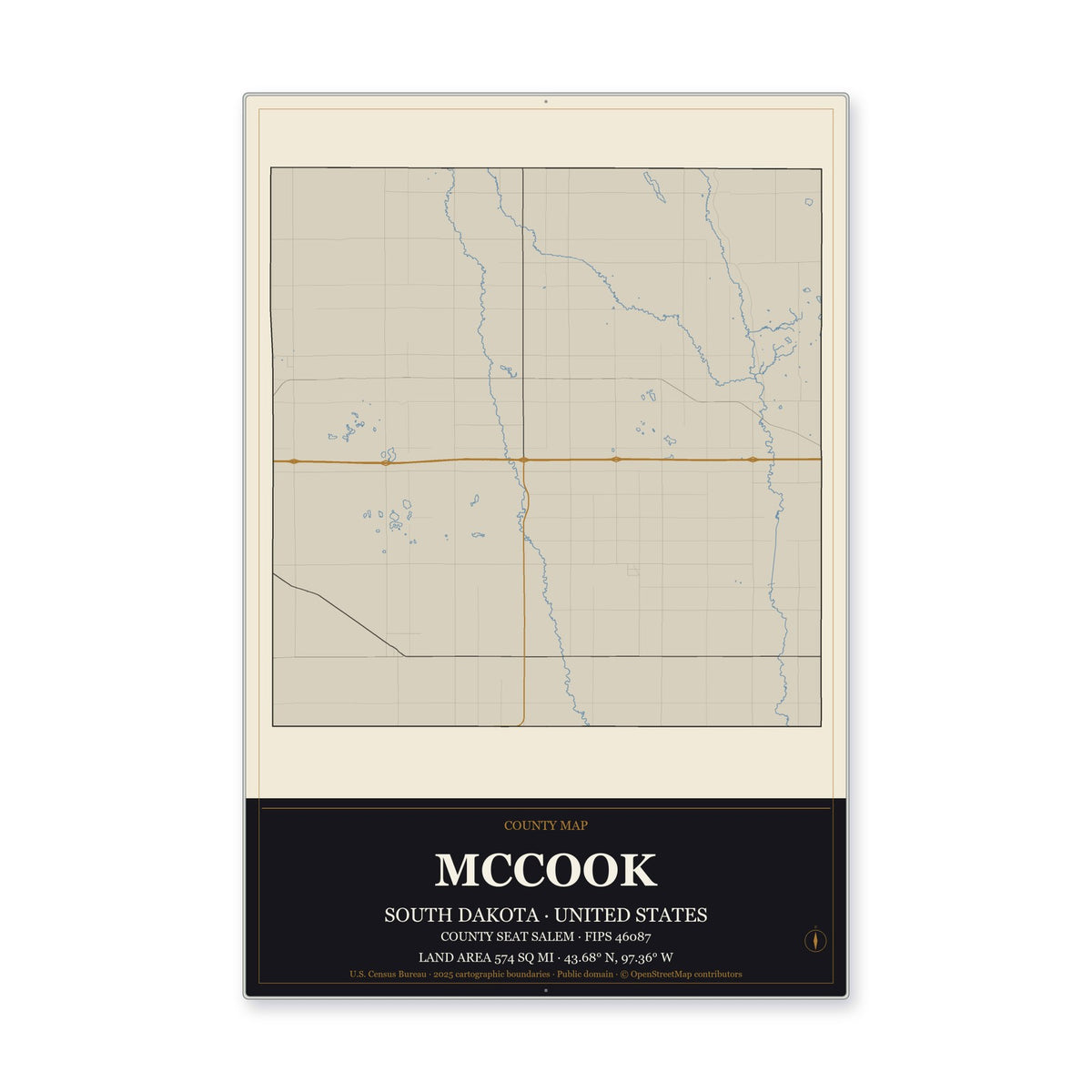 McCook County, South Dakota Map Aluminum Sign in Museum Plaque style