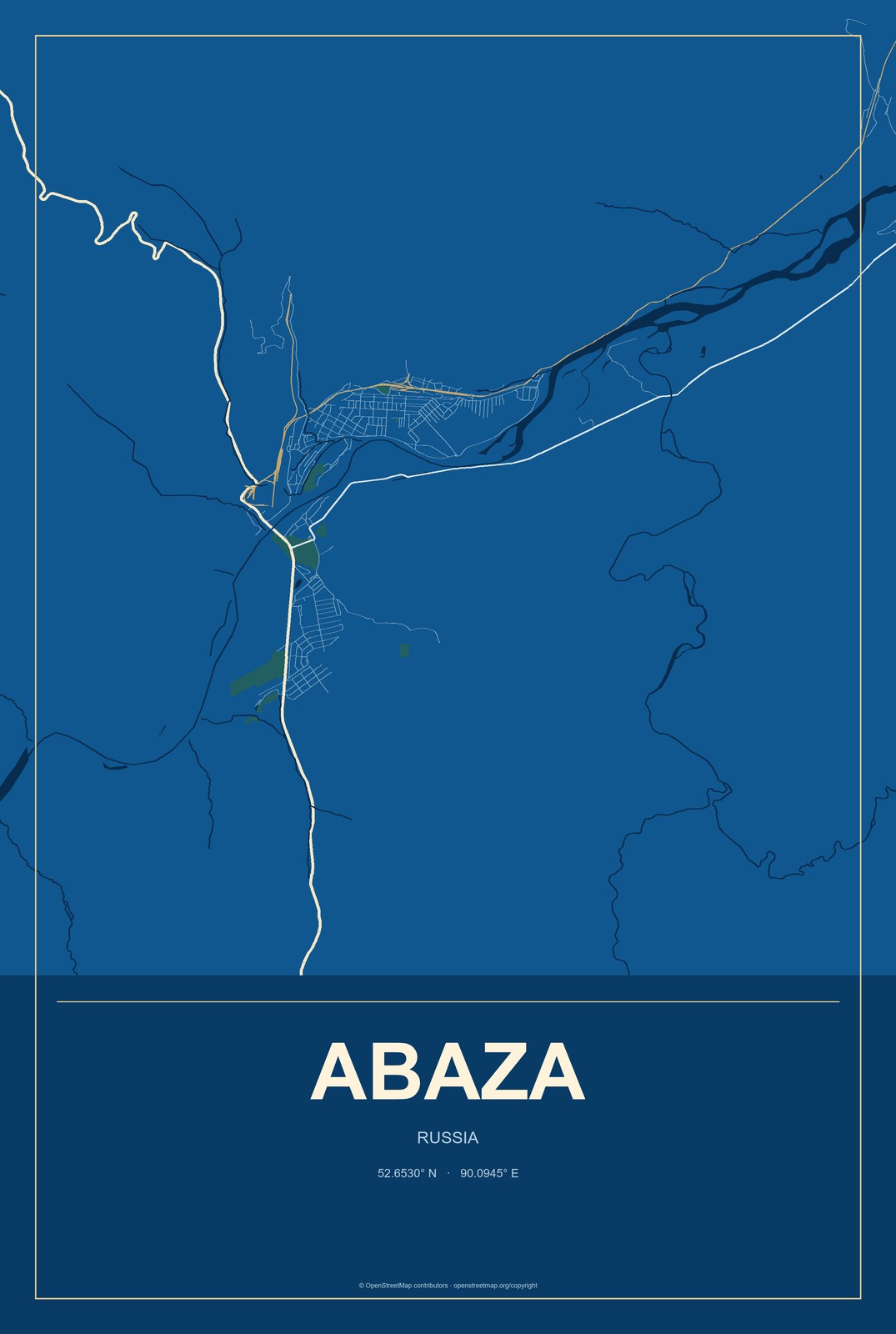 Abaza, Russia City Map Aluminum Sign in Harbor Cobalt style
