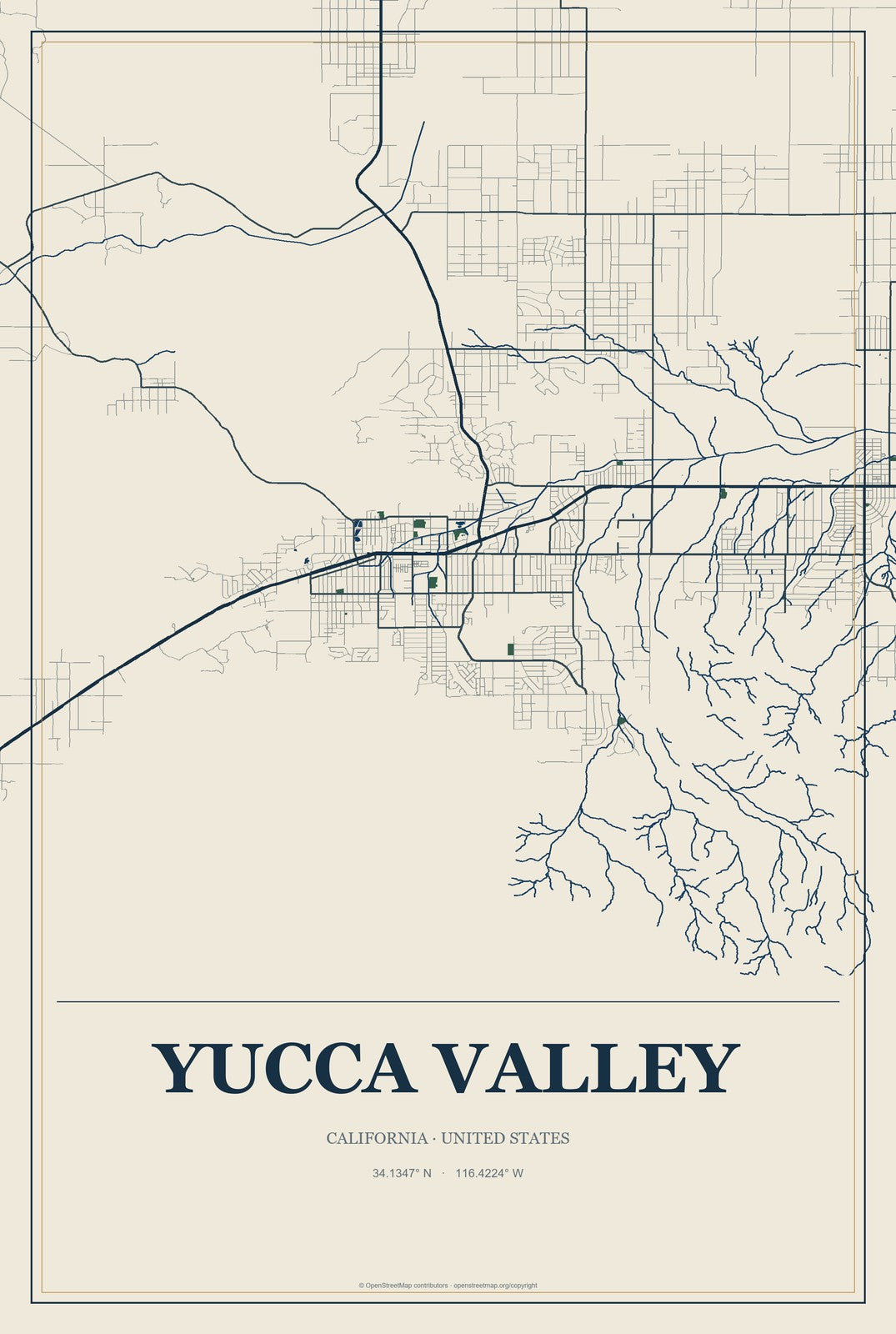 Yucca Valley, California City Map Aluminum Sign in Coastal Cutout style