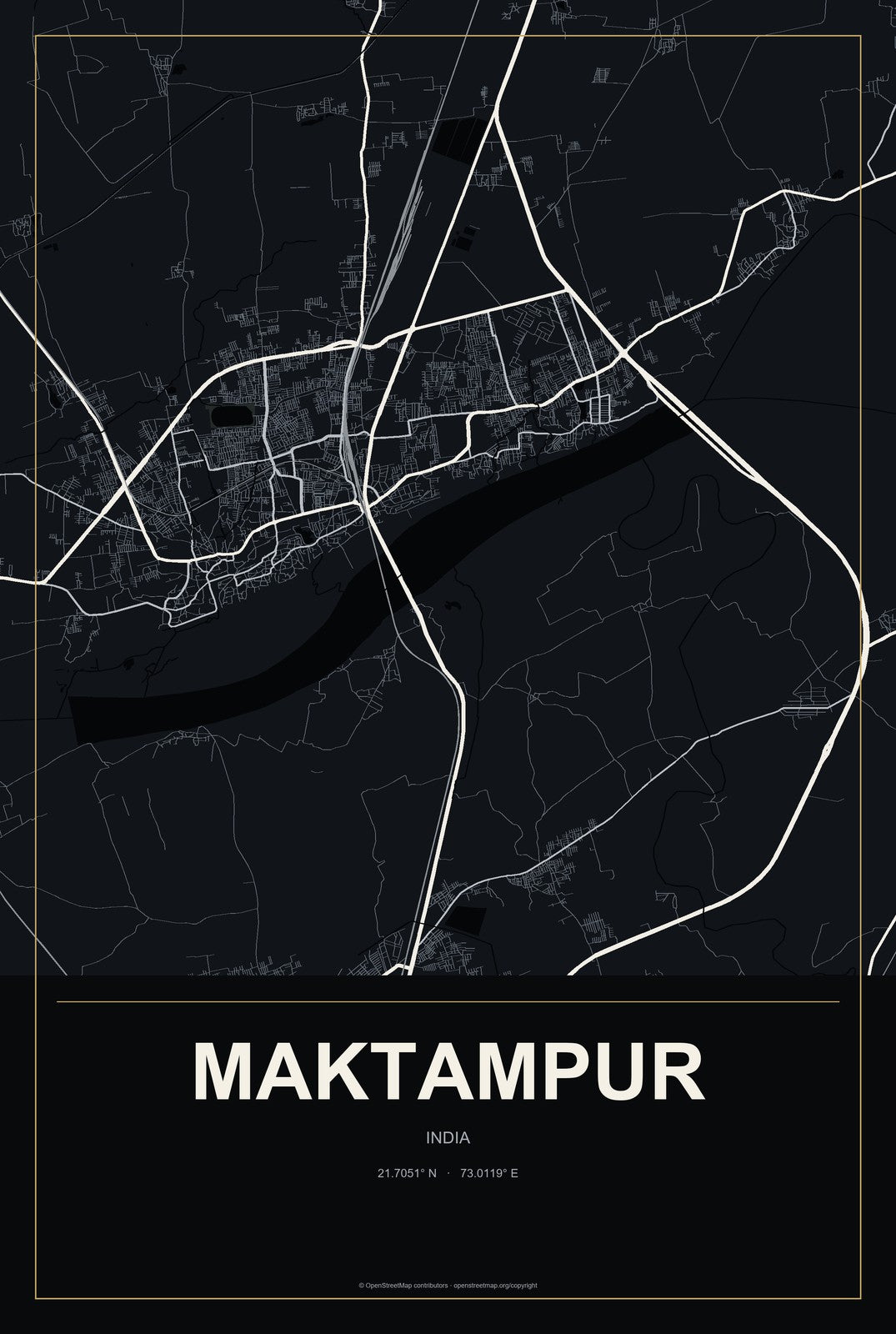 Maktampur, India City Map Aluminum Sign in Metropolitan Noir style