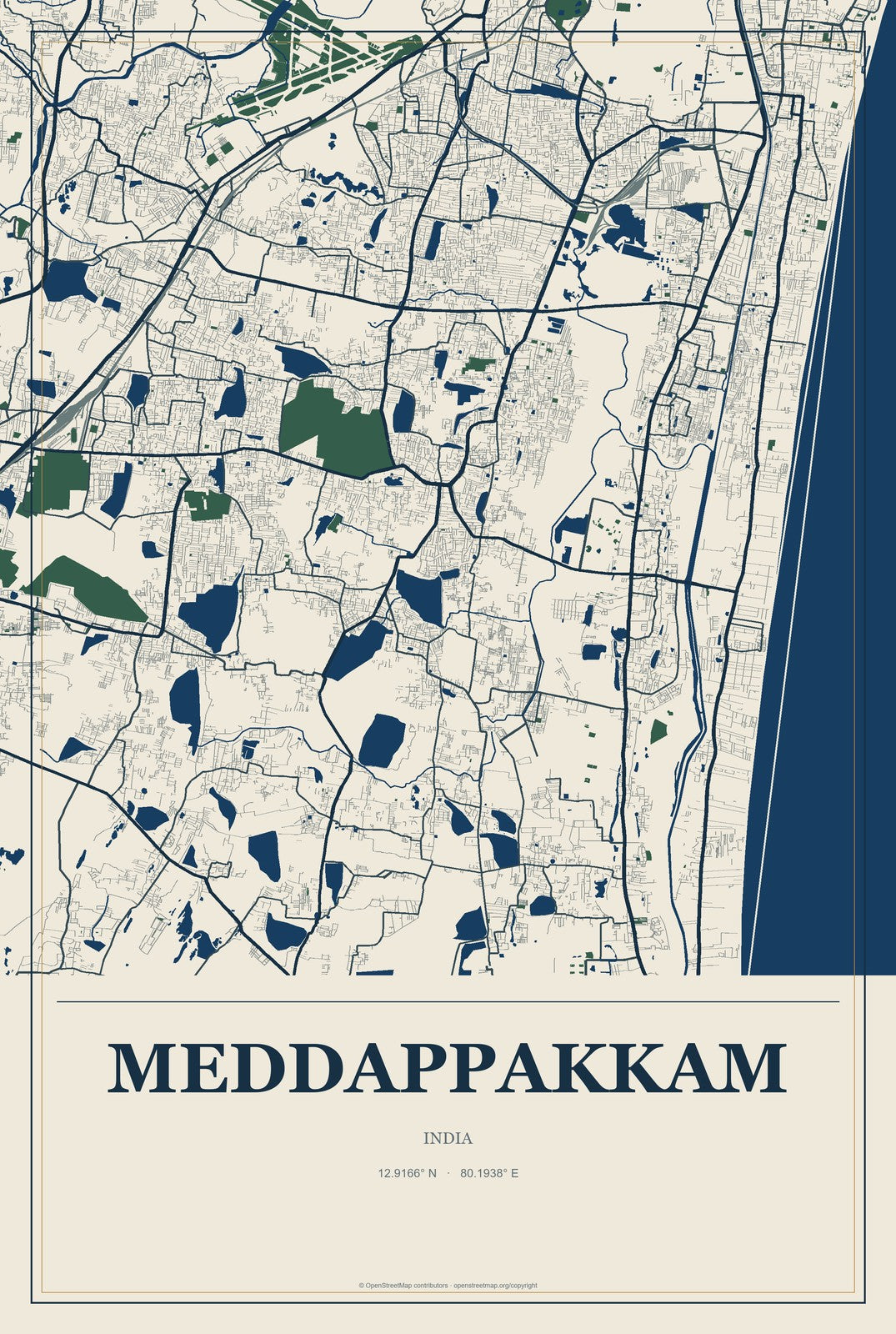 Meddappakkam, India City Map Aluminum Sign in Coastal Cutout style