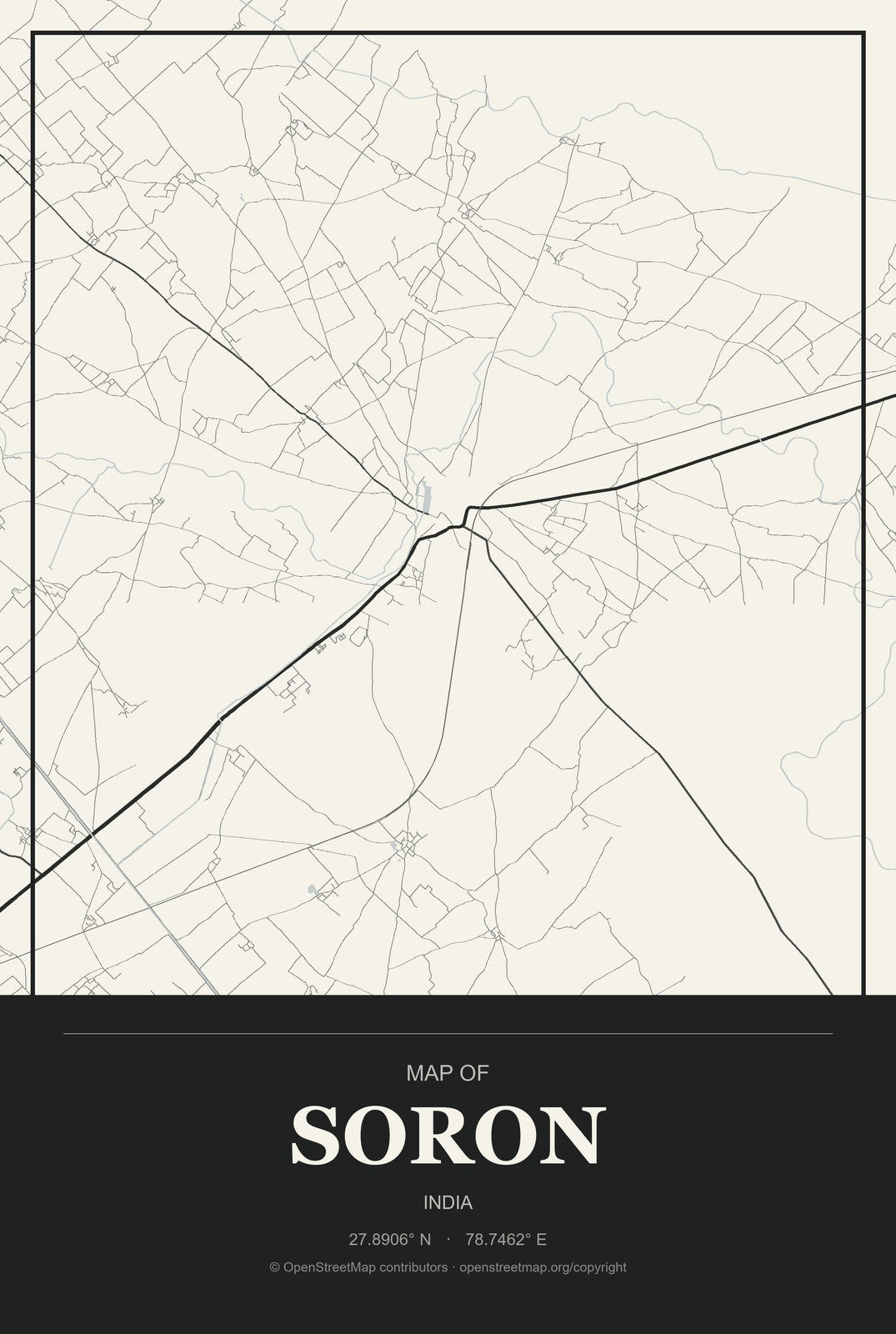 Soron, India City Map Aluminum Sign in Museum Plaque style