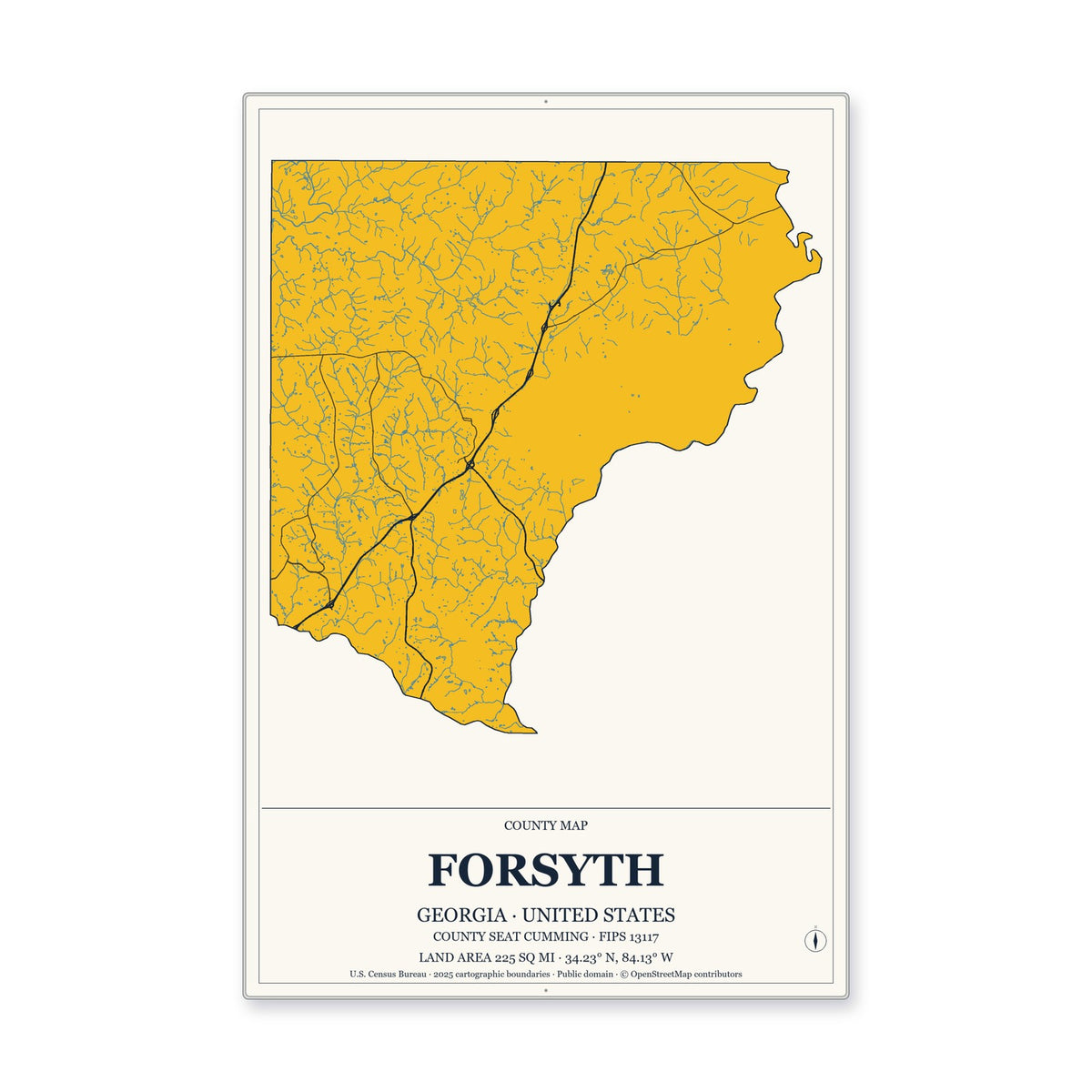 Forsyth County, Georgia Map Aluminum Sign in Citrine Modern style