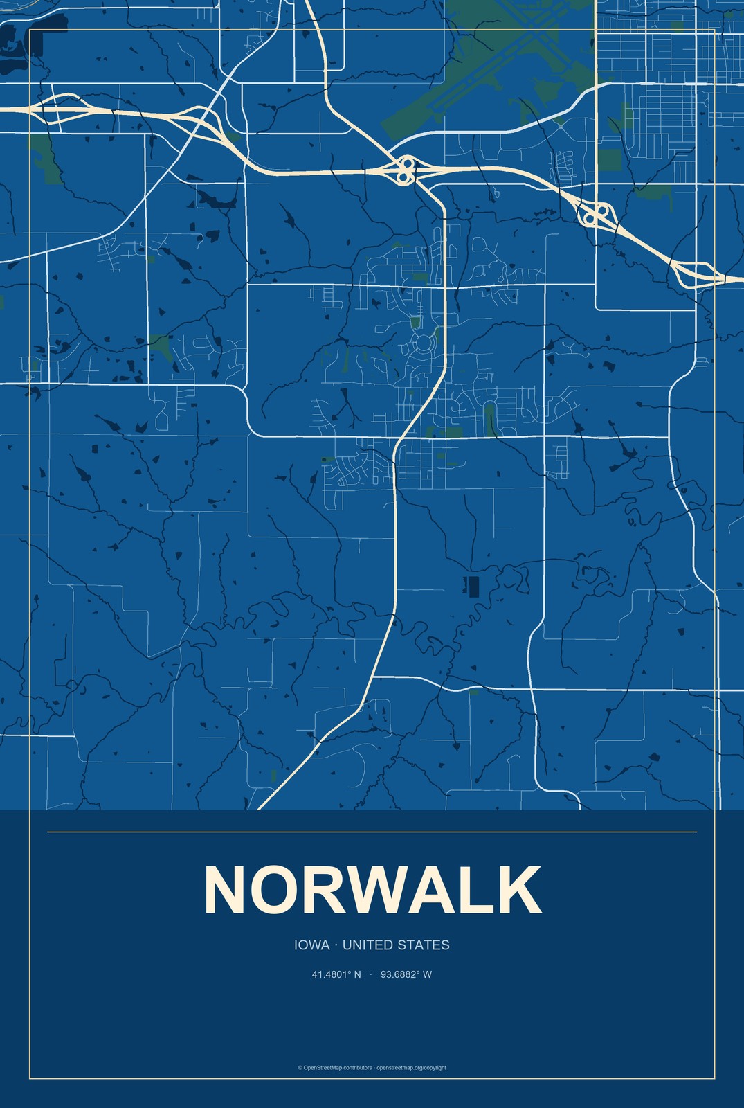 Norwalk, Iowa City Map Aluminum Sign in Harbor Cobalt style