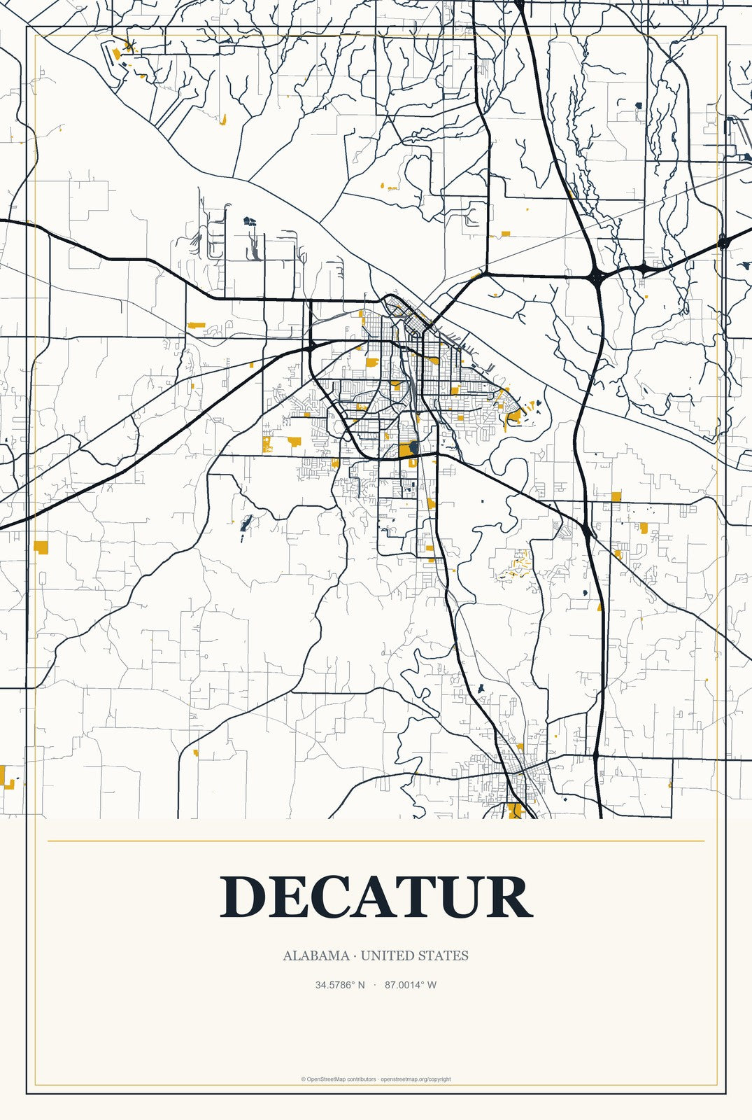 Decatur, Alabama City Map Aluminum Sign in Citrine Modern style