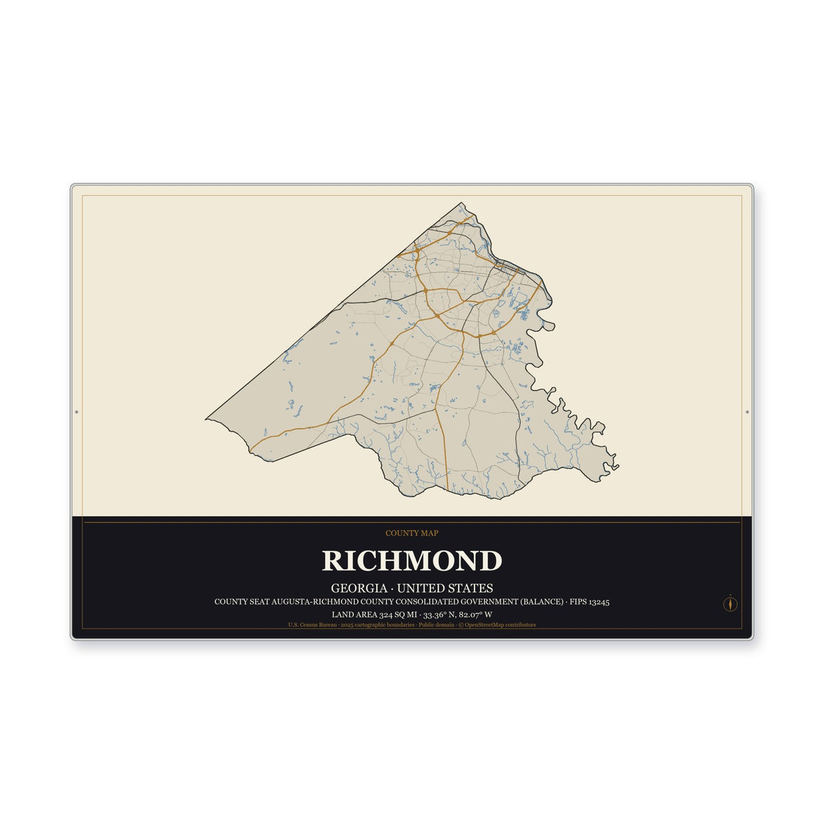 Richmond County, Georgia Map Aluminum Sign in Museum Plaque style
