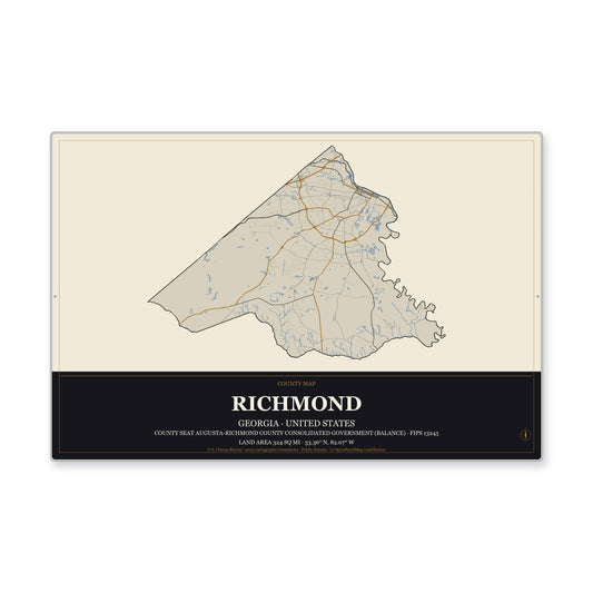 Richmond County, Georgia Map Aluminum Sign in Museum Plaque style