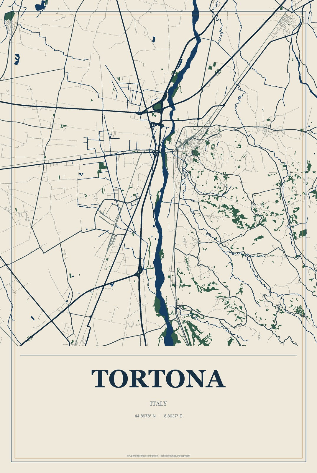 Tortona, Italy City Map Aluminum Sign in Coastal Cutout style