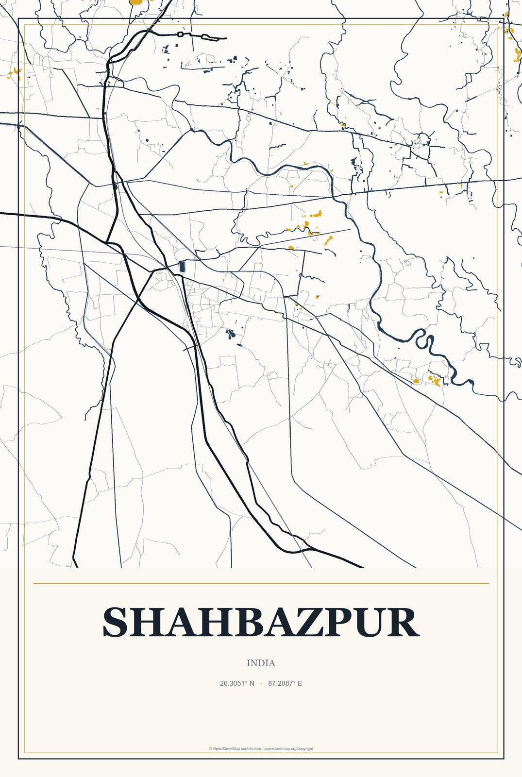 Shahbazpur, India City Map Aluminum Sign in Citrine Modern style
