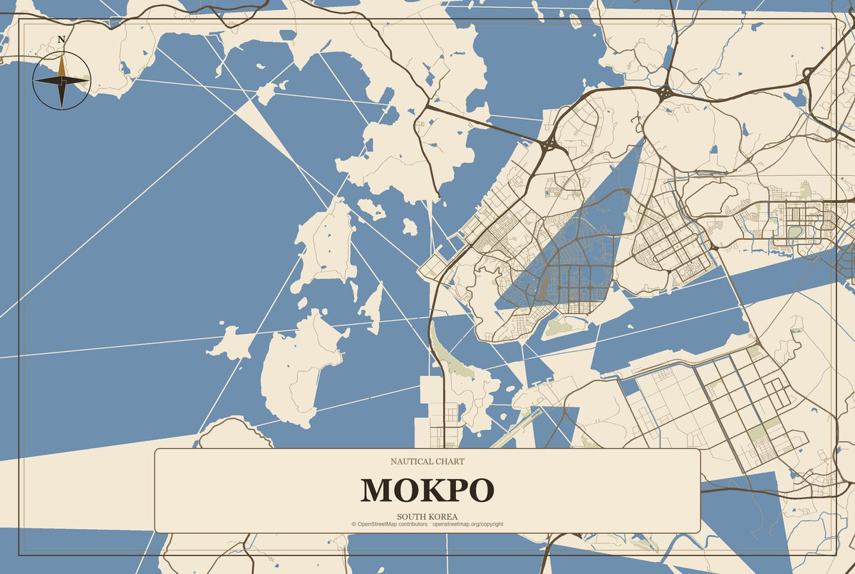 Mokpo, South Korea City Map Aluminum Sign in Heritage Nautical style