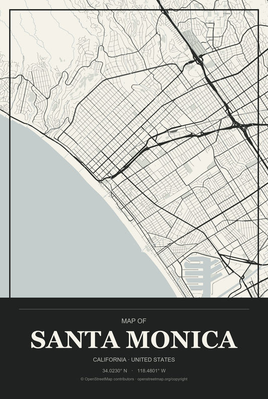 Santa Monica, California City Map Aluminum Sign in Museum Plaque style