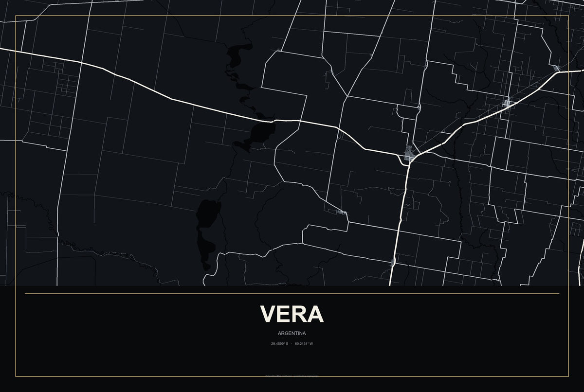 Vera, Argentina City Map Aluminum Sign in Metropolitan Noir style