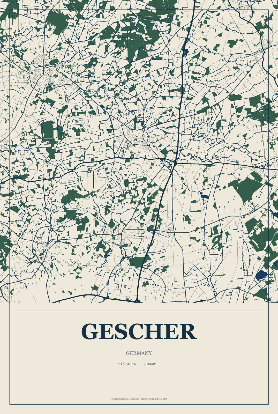 Gescher, Germany City Map Aluminum Sign in Coastal Cutout style
