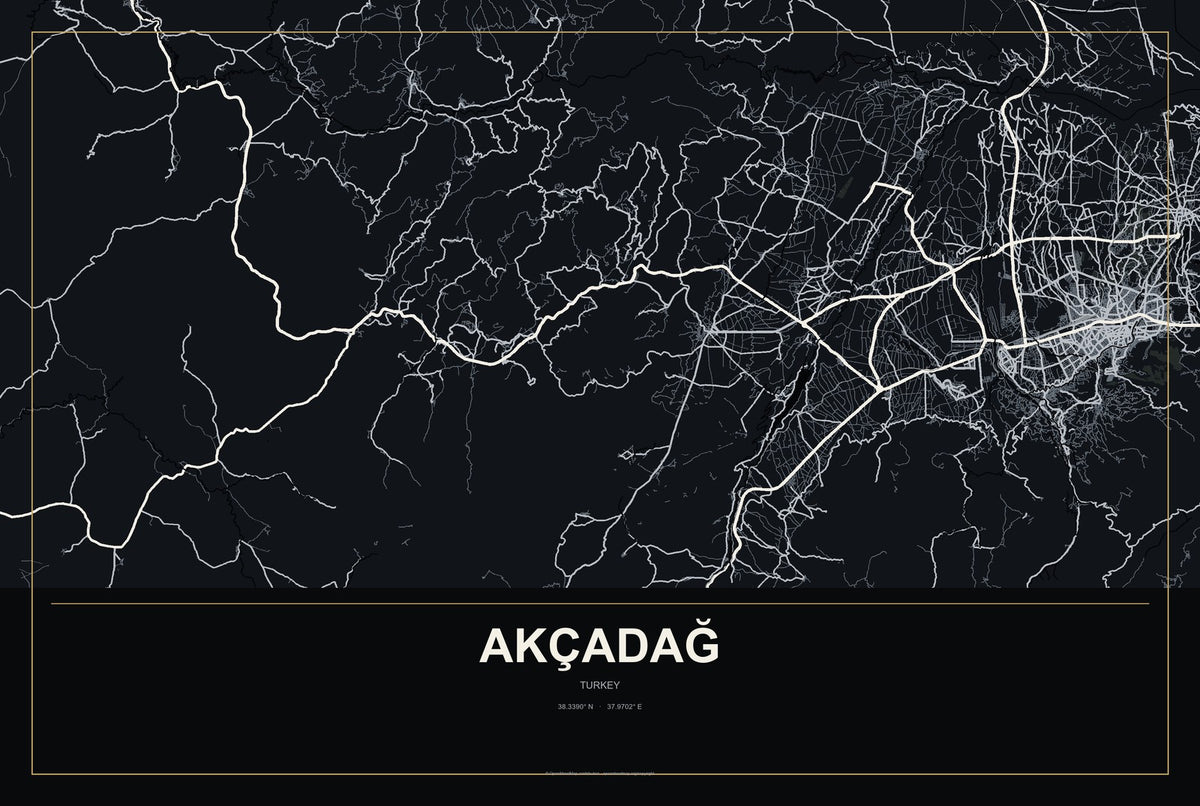Akçadağ, Turkey City Map Aluminum Sign in Metropolitan Noir style