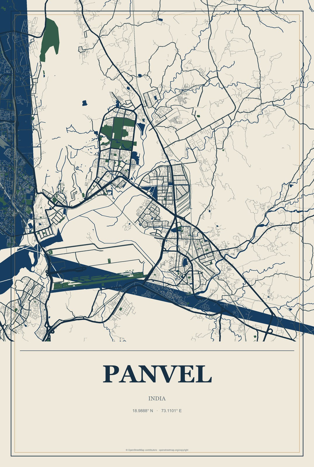 Panvel, India City Map Aluminum Sign in Coastal Cutout style