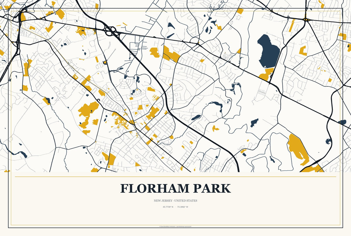 Florham Park, New Jersey City Map Aluminum Sign in Citrine Modern style