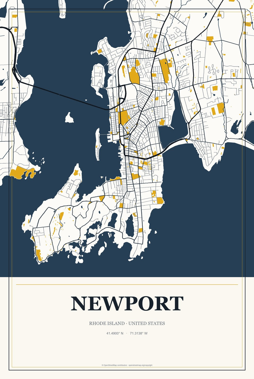 Newport, Rhode Island City Map Aluminum Sign in Citrine Modern style