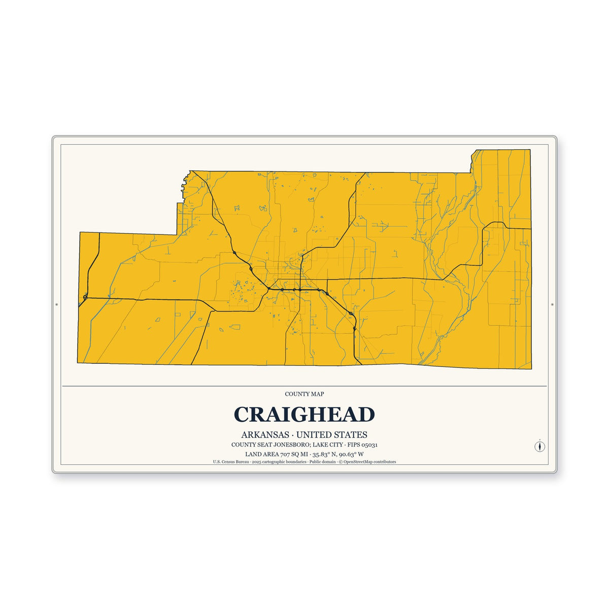 Craighead County, Arkansas Map Aluminum Sign in Citrine Modern style