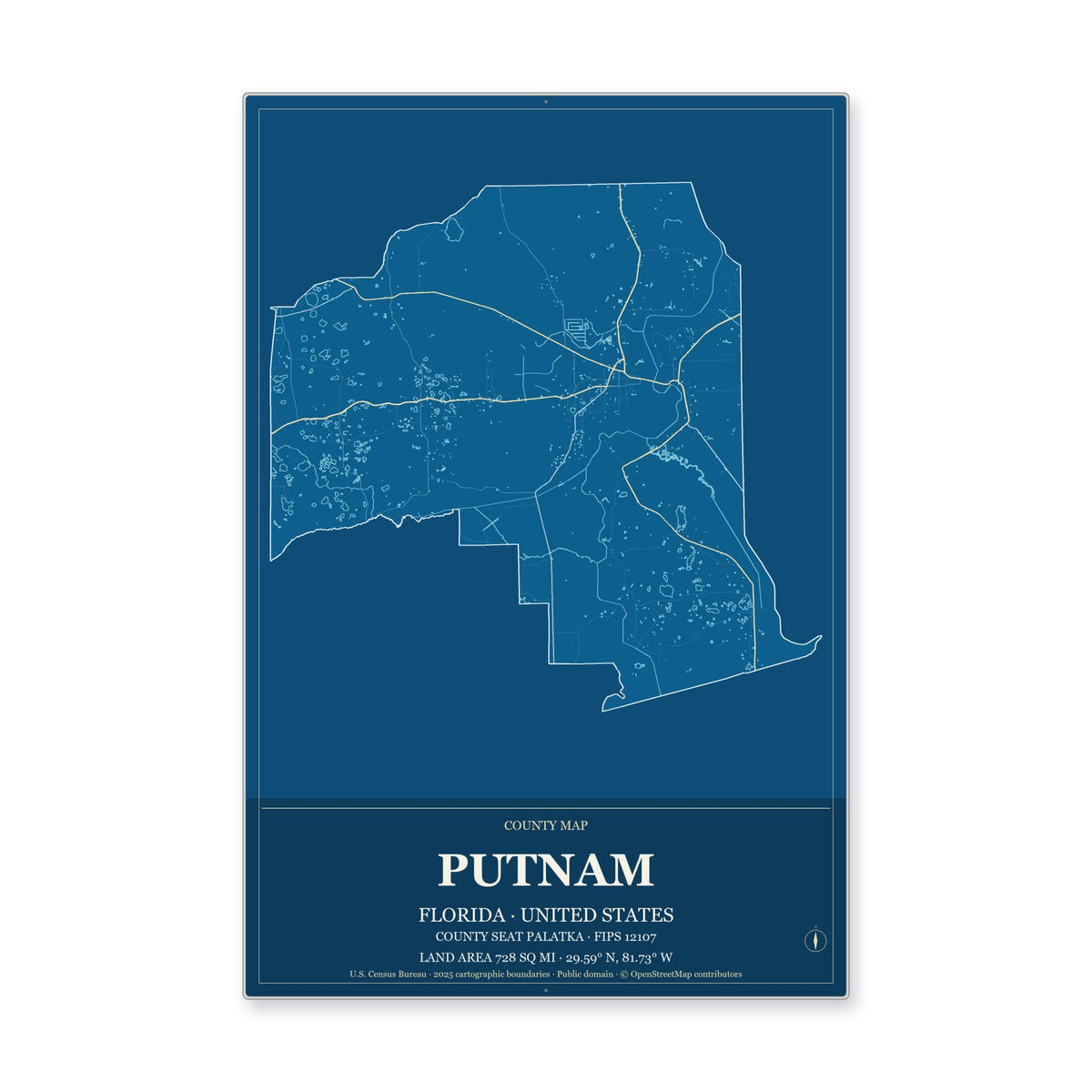 Putnam County, Florida Map Aluminum Sign in Harbor Cobalt style