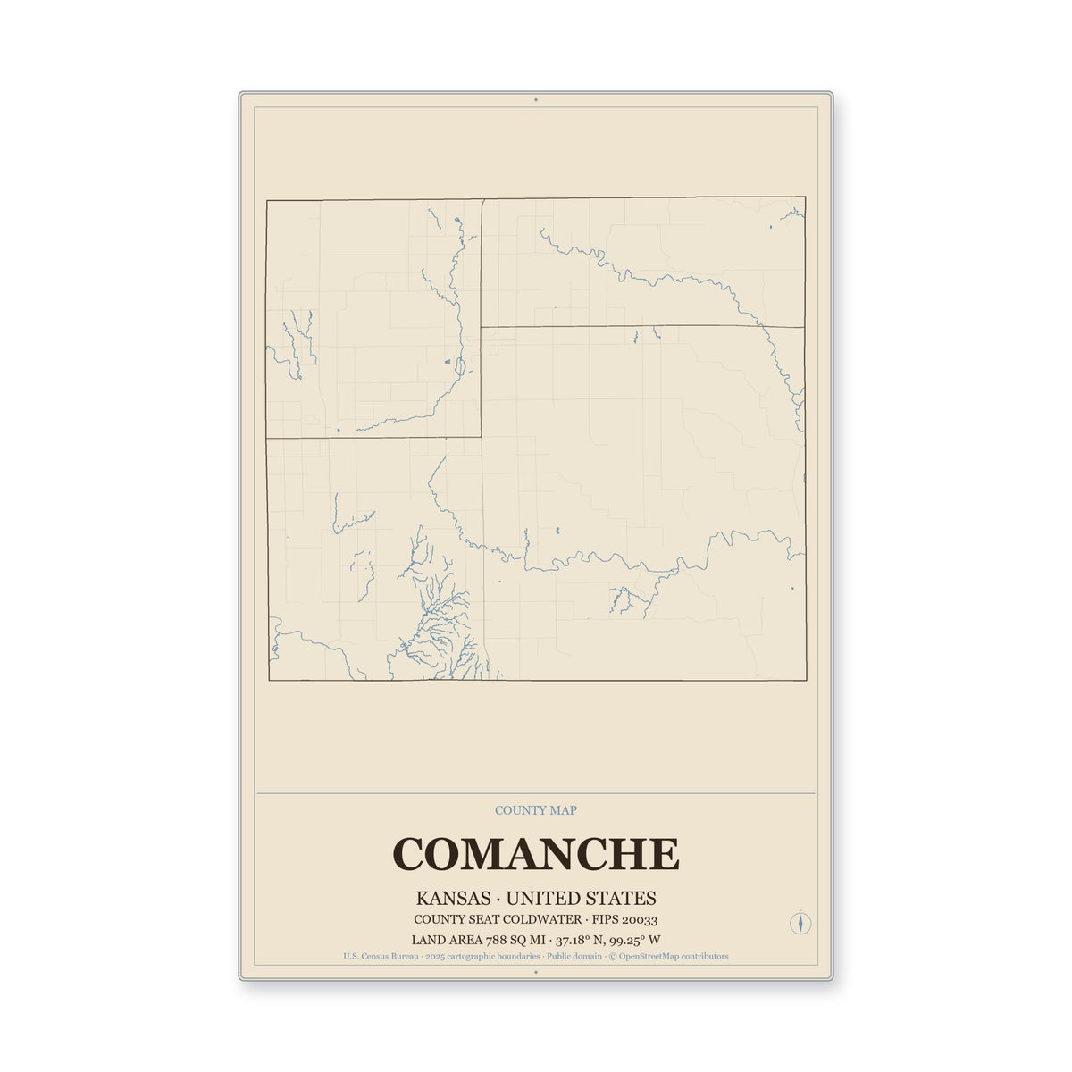 Comanche County, Kansas Map Aluminum Sign in Heritage Nautical style
