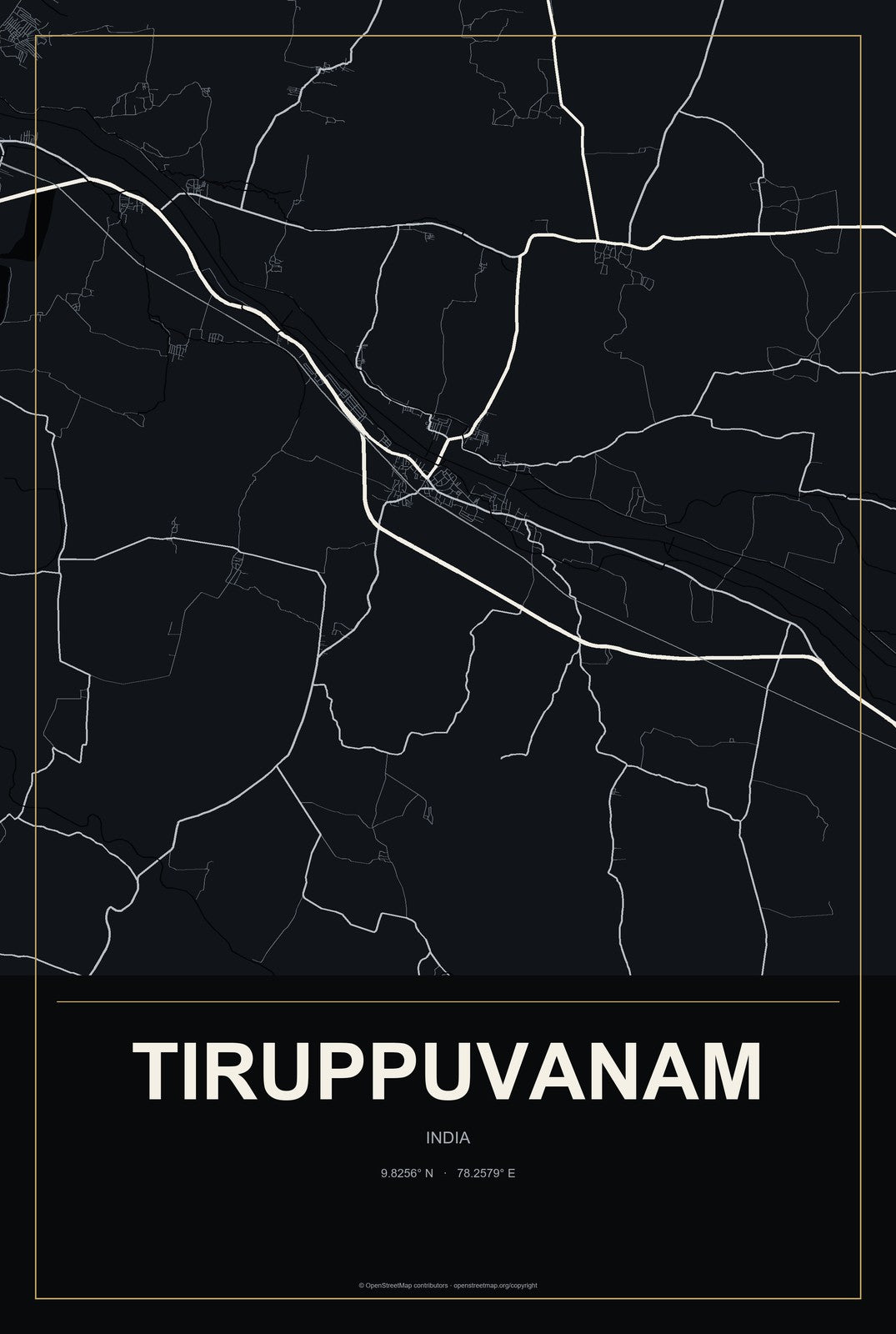 Tiruppuvanam, India City Map Aluminum Sign in Metropolitan Noir style