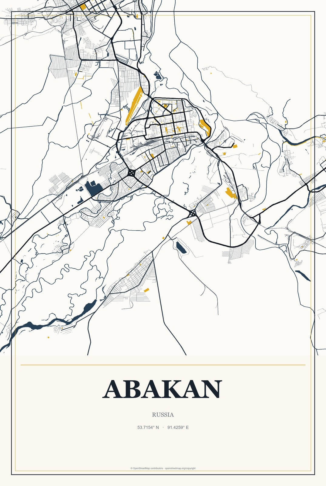 Abakan, Russia City Map Aluminum Sign in Citrine Modern style