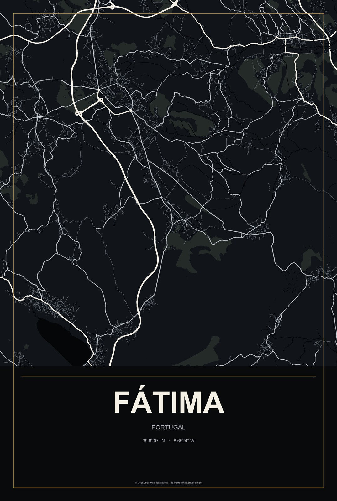 Fátima, Portugal City Map Aluminum Sign in Metropolitan Noir style